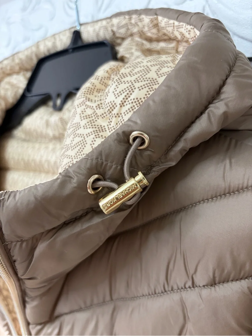 Michael Kors Quilted Hooded Puffer Jacket in Taupe